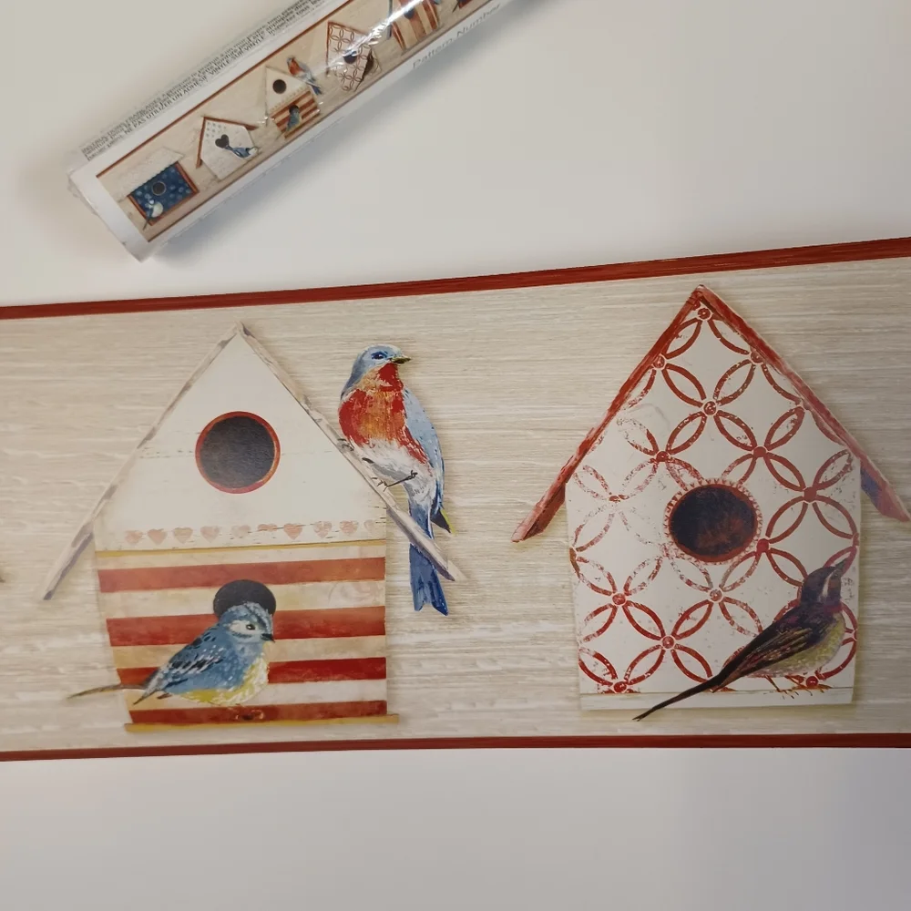 Wallpaper Border Cottage Chic Birdhouses Red & Blue